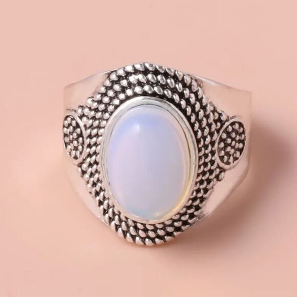 Oval Embellishment Silvery Moonstone Simulate Ring - Picture 9 of 14